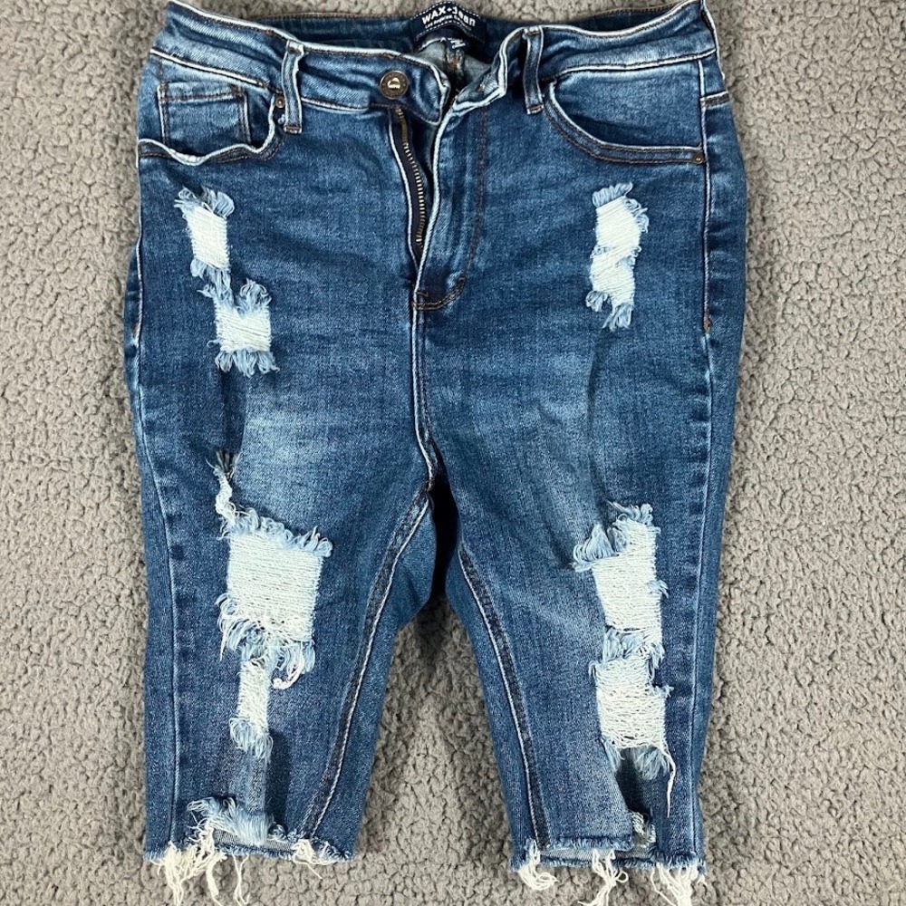 Wax Jean Womens Distressed Bermuda Shorts High Rise Medium Wash Denim Size 11 30
